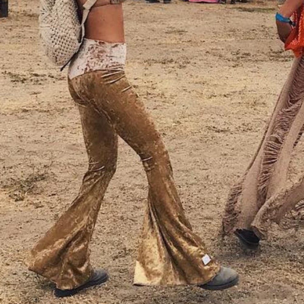 Gold Crushed Velour Flared Pants Metallic Small S